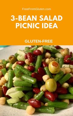 three bean salad with green beans and other vegetables on a white plate text reads 3 bean salad picnic idea gluten - free