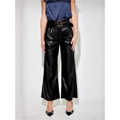 Generation Love Genesis Vegan Leather Trouser, Size 6 In Black. Approx $307 Msrp New With Tags Measurements (All Approx) :: 15" Waist, 13" Rise, 28" Inseam #0902p-W14.2 - Gold Buckle Belt - High Waisted - Wide Leg - Side Slant Pockets - Vegan Leather Chic Belted Bottoms For Date Night, Elegant Black Bottoms For Date Night, High Waist Belted Pants For Party, Chic Black Belted Pants, Chic Black Bottoms For Party, Glamorous Black Pants For Workwear, Glamorous Black Bottoms For Workwear, Glamorous Black Pants For Work, Chic Black Party Bottoms