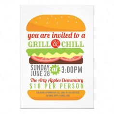 a burger birthday party card with the words you are invited to a grill and chill