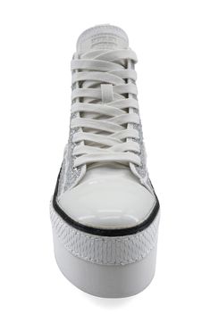 Allover crystals bring dazzling glamour to a sporty high-top sneaker set on a lofty platform sole. 2 1/4" platform Textile upper/leather lining/synthetic sole Imported White High-top Platform Wedge Sneakers, White Mid-top Wedge Sneakers With Platform, High-top Platform Sneakers In Synthetic Material, Platform High-top Synthetic Lace-up Sneakers, Trendy Synthetic Platform High-top Sneakers, High-top Synthetic Sneakers With Thick Bottom, High-top Thick Bottom Synthetic Sneakers, White Synthetic High-top Platform Sneakers, White High-top Sneakers With Chunky Platform