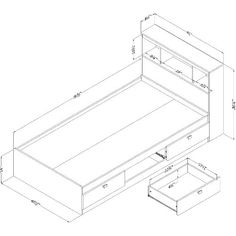 an outline drawing of a bed with drawers