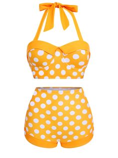 Yellow Fitted High-waist Swimwear, Yellow Retro Summer Swimwear, Yellow Retro Swimwear For Summer, Retro Yellow Swimwear For Summer, Bikinis Retro, Retro Stage, Yellow Clothes, Red Bodysuit, Vintage Swimsuit