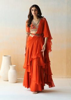 Aman Takyar-Fire Rust Pre-Draped Ruffle Saree Set-INDIASPOPUP.COM Orange Ruffle Saree, Ruffle Lehanga For Women, Ruffle Half Saree, Georgette Half Saree Designs, Pre Draped Saree Gown, Ruffle Hands Blouse Designs, Ruffle Saree With Belt, Customised Lehenga, Ruffle Saree Designs