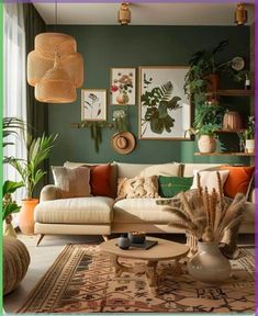 a living room filled with lots of furniture and plants on top of the couches