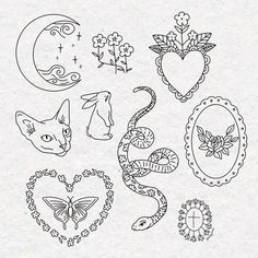 an image of some doodles on paper with hearts and animals in them, including a cat