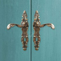 an ornate door handle on a green wooden door