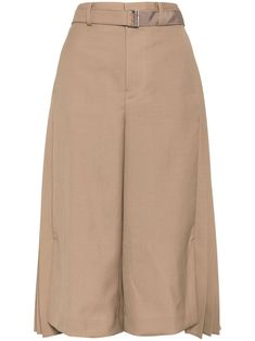 beige pleat detailing high-waisted belt loops concealed front fastening belted waist two side inset pockets wide leg cropped leg Beige Cropped Leg Pants For Work, Beige Pleated Wide Leg Bottoms, Beige Cropped Wide Leg Pants For Work, High-waist Pleated Culottes For Workwear, High Waist Pleated Culottes For Workwear, Beige Culottes For Spring Workwear, Chic Beige Wide-leg Culottes, Elegant Cropped Wide Leg Pants With Pockets, Chic Beige Cropped Wide Leg Pants