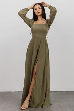 Giselle Maxi Dress | Dusty Olive | Baltic Born Olive Green Wedding Guest Outfit, Long Sleeve Olive Green Dress, Olive Fitted Maxi Dress, Fitted Green Maxi Dress With Smocked Back, Fitted Fall Maxi Dress With Smocked Back, Fitted Khaki Maxi Dress, Green Long Sleeve Maxi Dress With Smocked Bodice, Fitted Maxi Dress With Square Neck And Elastic Sleeves, Elegant Fitted Khaki Maxi Dress