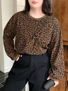 Plus Size Leopard Print Casual Round Neck Loose Fit Long Sleeve T-Shirt, Autumn Brown Casual  Extra-Long Sleeve Knitted Fabric Leopard Print,Textured Pattern  Slight Stretch Spring/Fall Women Plus Clothing, size features are:Bust: ,Length: ,Sleeve Length: Extra Long Sleeves, Black Party, Kids Sleepwear, Inspiration Mode, Kids Beachwear, Plus Size T Shirts, Long Sleeve Knit, Plus Size Tops, Wide Leg Jeans