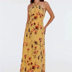 The Brenna Dress From Dress The Population. Featuring A Cross Front Halter Neckline And A-Line Silhouette, This Vintage Floral Bouquet Print Maxi Dress Boasts A Romantic And Timeless Style, It's Perfect For Special Occasions. Beautiful Canary Yellow With Muted Blues And Reds. Size Small; Floor Length. Never Worn, Has All Tags Attached And In Original Packaging. Brand New! Perfect Condition! Ordered Multiple Dresses To Try For Summer Wedding ; This One Really Beautiful And Super Flattering; But D Yellow Halter Neck Maxi Dress For Spring, Casual Yellow Halter Neck Maxi Dress, Yellow Floral Print Halter Neck Maxi Dress, Yellow Floral Print Halter Neck Dress, Yellow Flowy Halter Neck Dress, Flowy Yellow Halter Neck Dress, Yellow Halter Neck Dress For Brunch, Vintage Floral Bouquet, From Dress