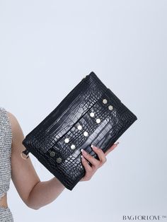 BagForLove - Stylish Studded Crocodile Embossed Square Bag Designed for Office Professionals Party Leather Bag With Crocodile Pattern, Black Crocodile Pattern Shoulder Bag For Party, Black Party Bag With Snap Closure, Black Handheld Clutch With Adjustable Strap, Black Party Bags With Snap Closure, Leather Envelope, Teacher Mom, Teacher Friends, Cool Gifts For Women