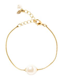 Simple and classic, this bracelet will add a touch of nautical chic to any ensemble. Made by... Elegant Adjustable Chain Bracelet With Pearl Charm, Elegant Adjustable Pearl Charm Chain Bracelet, Elegant Metal Bracelets With Pearl Drop, Classic Pearl Bracelets With Adjustable Chain, Classic White Chain Bracelet With Pearl Drop, Classic Gold Chain Bracelet With Pearl Charm, Elegant Adjustable Pearl Chain Bracelet, Adjustable Metal Pearl Bracelet With Pearl Charm, Adjustable Metal Chain Bracelet With Pearl Charm