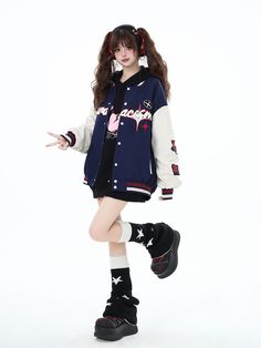 This price is for a jacket only, others are not included.   	 		 			Size 			S 			M 			L 		 		 			Full Length 			70 			72 			74 		 		 			Bust 			128 			132 			136 		 		 			Shoulders 			58 			59 			60 		 		 			Sleeve Length 			56 			57 			58 Retro School Outfits, Casual Varsity Jacket With Stand Collar For College, Cotton Varsity Jacket With Stand Collar For College, College Cotton Outerwear With Stand Collar, College Cotton Stand Collar Outerwear, Cotton Outerwear With Stand Collar For College, Winter College Style Outerwear With Baseball Collar, Retro Blue Outerwear With Letter Print, Fall College Style Outerwear For School