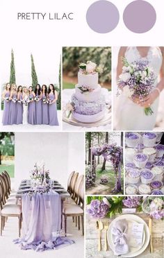 purple and lavender wedding color palettes for the bride's dress, flowers, and cake