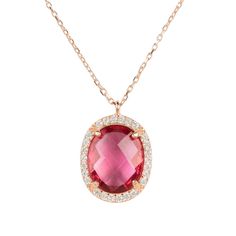 This exquisitely regal oval gemstone pendant necklace is pure elegance in design.  The multifaceted oval gemstone with illustrious cz detailing, which highlights the beauty of the central stone, reflects the light which dazzles from day to night.This stylish necklace is an ideal finishing touch for any evening attire and a great pairing with the Beatrice Earrings and Bracelet.Tourmaline is one of the birthstones for October, making this an ideal personalised birthday gift. Materials: 925 sterlin Luxury Oval Necklaces With Sparkling Stones, Refined Oval Pendant Necklace For Formal Occasions, Luxury Pink Oval Necklace, Refined Oval Necklace For Gifts, Elegant Oval Necklaces With Sparkling Stones, Elegant Oval Pendant Jewelry With Gemstone Accents, Elegant Oval Pendant Necklace With Gemstone, Refined Oval Pendant Necklace As Gift, Luxury Rose Gold Oval Necklace