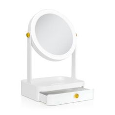 a white vanity with a mirror and drawer underneath it on a white background, there is no image to describe