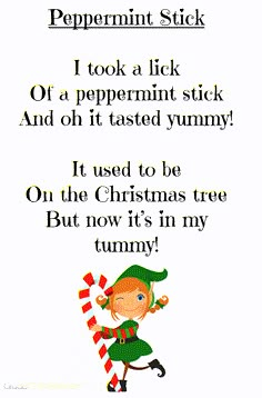 a christmas poem with an elf holding a candy cane and the words peppermint stick i took a lick on a peppermint stick and it tasted yummy