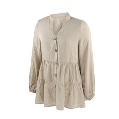 Apricot Button Pleated Long Sleeve Blouse Beige Button-up Solid Color Top, Beige Solid Color Button-up Top, Beige Fall Blouse With Button Cuffs, Beige Blouse With Button Cuffs For Fall, Fall Beige Blouse With Button Cuffs, Beige Long Sleeve Blouse With Button Closure, Beige Button-up Blouse With Buttons, Fall Beige Blouse With Button Closure, Beige Blouse With Button Closure For Fall