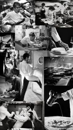 black and white pictures of people in a kitchen