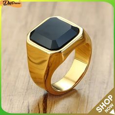 Men's Metal Stainless Steel Round Trendy Channel Setting Rings Rings Casual, Mens Silver Jewelry, Casual Rings, Gold Color Ring, Signet Ring Men, Mens Gold Rings, Square Top, Men Ring, Stone Gold