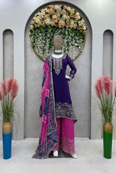 Indian Ethnic Palazzo Suit Set, Festival Wear Stylish Partywear Salwar Kameez Semi-stitched Purple Georgette Palazzo Set, Fitted Chinon Traditional Wear With Long Sleeves, Fitted Sharara With Resham Embroidery For Eid, Eid Long Sleeve Chinon Palazzo Set, Purple Long Sleeve Lehenga For Eid, Purple Palazzo Set Shaped Like Saree For Eid, Bollywood Style Fitted Palazzo Set For Eid, Eid Semi-stitched Palazzo Set With Mirror Work, Long Sleeve Chinon Palazzo Set For Eid