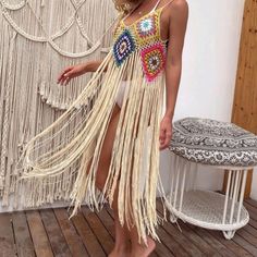 Dress Your Swimsuit Up On Your Next Beach Vacay Or Your Poolside Party This Coverup Will Be A Hit. Beautiful Crochet And Fringe. This Can Also Be Worn Has A Top With Your Jean Shorts Or Pants Either Way It Will Be Sure To Land You Compliments. Brand New Size Large. Bust Approximately 37 Inches And Length 40 Inches. Summer Party Beige Swimwear, Multicolor Fringe Beach Dress, Multicolor Fringe Dress For Beach, Beige Summer Party Swimwear, Beige Party Swimwear, Fun White Beach Dress, Summer Party Swimwear With Fringe, Bohemian One-piece Beach Dress For Beach Party, Multicolor Summer Beach Dress For Party