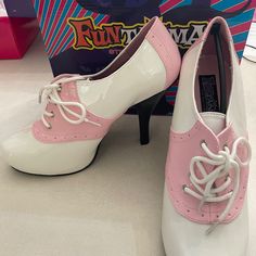 Stylish - Saddle Shoes - Various Sizes Available While Supplies Last Perfect For 50s Themed Pink Size 6 - 2 Pairs Size 7 - 2 Pairs Size 8 - 1 Pair Size 10 - 1 Pair Size 11 - 2 Pairs Size 12 - 2 Pairs 50s Womens Shoes, Pink High Heels Aesthetic, 50s Heels, Crazy High Heels, 50s Shoes, Gold Block Heel Sandals, Diner Aesthetic, Saddle Shoe, 1950s Shoes