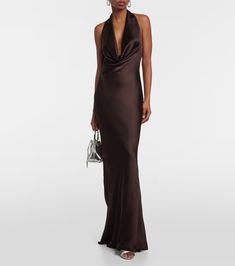 Draped halterneck gown in brown - Norma Kamali | Mytheresa Pewter Dress Bridesmaid, Gucci Bridesmaid Dresses, Brown And Black Bridesmaid Dresses, Black Tie Wedding Guest Aesthetic, Long Elegant Satin Dresses, Chocolate Brown Gown, Deep Brown Bridesmaid Dresses, Black Tie Dress Black Women, Fall Black Tie Wedding Guest