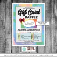 the gift card raffle flyer is displayed on a wooden background with an advertise for