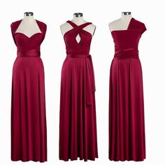 three dresses on mannequins, one in red and the other in maroon