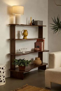 a living room filled with furniture and a potted plant on top of a shelf