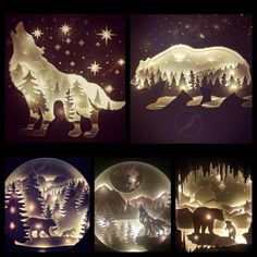 four different images of snow globes with animals and trees in the middle one is made out of paper