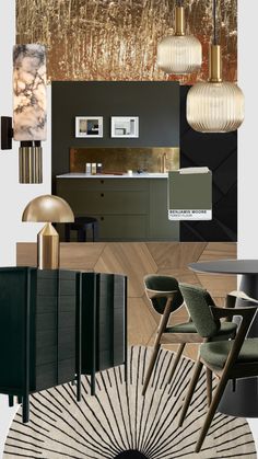 an interior design mood board with gold and green accents, including lamps, chairs, rugs