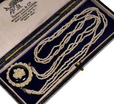 "Rare 3-strand seed pearl necklace C. 1800 - 1830's. The main attraction of the necklace is front push-in clasp. It is made of seed pearl wreath wrapped around polished black onyx dome with seed pearl bouquet in the center. The back and the clasp's tongue are made of 14K gold (tested). The necklace is made of 3 strands of glittering seed pearls. It is 17\" around neck. The clasp is approx. 1\" diameter. The necklace weighs 11.7 grams. Very good antique condition. Antique jewelry box shown for di Antique Pearl Necklace For Formal Occasions, Victorian Pearl Necklace For Formal Occasions, Victorian Style Formal Pearl Necklace, Victorian Pearl Necklace With Pearl Pendant, Victorian Style Round Pearl Pendant Jewelry, Victorian Pearl Pendant Jewelry, Vintage Pearl Pendant Jewelry With Round Beads, Victorian Jewelry With Pearl Pendant, Antique Round Beaded Jewelry