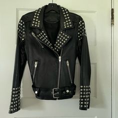 Super Hot Soft Black Lambskin Leather Studded Moto In Excellent Condition. The Quality Is Top Notch. Carmar Is A High-End Brand. I Zoomed In On Some Pressure Spots On The Right Front To Be Completely Transparent, But These Do Not Distract From The Overall Quality. The 34 Size Fits Like A 0-2. “As Is.” No Returns Spiked Jacket, Punk Leather Jacket, Black Leather Moto Jacket, Leather Moto, Leather Moto Jacket, Moto Jacket, Soft Black, Lambskin Leather, Punk Rock