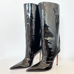 Retail Price: $1,295.00 Mid-Calf Iridescent Patent Leather Boots In Black. Pointed Toe Covered Stiletto Heel With Rubber Injection Leather Sole Heel: H 3.5 In Upper: Leather. Sole: Leather. Made In Italy. Size: 38 (It) New And 100% Authentic. Retail Price: $1,295.00 Comes With The Original Box And The Dust Bag(S). The Box Is Damaged On Few Sides But It Holds Overall. Thank You For Shopping With Me. Evening Heeled Boots With 4-inch Pointed Toe, Glamorous Pointed Toe Heeled Boots For Evening, Glamorous Evening Heeled Boots With Pointed Toe, Luxury Patent Leather Heeled Boots For Evening, Luxury High Heel Patent Leather Boots, Luxury Patent Leather High Heeled Boots, Modern Patent Leather Heeled Boots For Party, Luxury High Heel Boots For Office, Luxury Boots With 4-inch Heel For Night Out