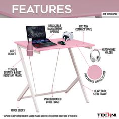 the features of a pink computer desk