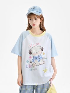 The price is for a T-shirt only, others are not included.  Garment Size   	 		 			Size 			S 			M 			L 		 		 			Full Length 			61.5 			63.5 			65.5 		 		 			Bust 			106 			110 			114 		 		 			Hem Circumference 			109 			113 			117 		 		 			Sleeve Length 			33 			34 			35 		 		 			Cuff 			39 			40.2 			41.4 Kawaii Cotton T-shirt With Crew Neck, Kawaii Cotton T-shirt With Letter Print, Cute Cartoon Print Crew Neck T-shirt, Cotton Short Sleeve T-shirt With Cartoon Print, Kawaii Short Sleeve Tops With Letter Print, Light Blue T-shirt With Cartoon Print For Spring, Kawaii Cotton Crew Neck T-shirt, Kawaii Cotton T-shirt With Cartoon Print, Kawaii Crew Neck Top With Letter Print