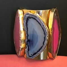 Very Nice Real Agate Stone Large Cuff Bracelet, Gold Tone Jewelry, 8 1/2 Inches Long - Etsy Large Cuff Bracelet, Dyed Agate, Jewellery Shop Design, Armband Gold, Wide Bracelet, Small Shops, Wide Cuff, Bracelet Gold, Vintage Bracelets