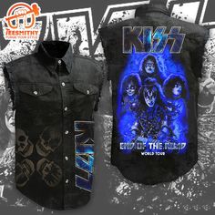 Kiss Band Tour Poster Music Sleeveless Denim Shirt A sleeveless denim shirt is a versatile and stylish piece of clothing that combines casual elegance with a touch of ruggedness. Typically crafted from durable, high-quality denim fabric, this shirt features a classic button-down design but without sleeves, offering a more relaxed and breathable alternative to traditional denim shirts. Its raw or lightly distressed finish adds a laid-back vibe, making it an ideal choice for layering over a t-shir Spring Concert Sleeveless Vest, Sleeveless Vest For Spring Concert, Fitted Cotton Vest For Streetwear, Black Denim Vest For Summer, Punk Sleeveless Denim Vest For Streetwear, Summer Black Denim Vest For Streetwear, Alternative Cotton Vest For Streetwear, Alternative Style Cotton Vest For Streetwear, Edgy Fitted Sleeveless Denim Vest