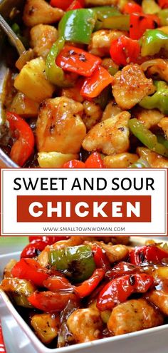 sweet and sour chicken with peppers in a white casserole dish