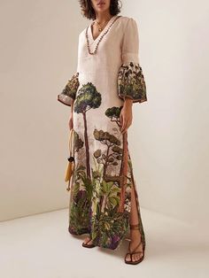 Flared Sleeves Loose Leaves Print V-Neck Maxi Dresses Evening Maxi Dresses, Vintage Leaves, Ruffle Beading, Leaves Print, Linen Maxi Dress, Linnet, Dresses 2024, Loose Outfit, Hip Dress