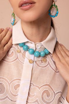 Tanya Farah modern etruscan amazonite necklace in yellow gold. 18K Yellow Gold Amazonite 18" L Amazonite Necklace, Daisy Necklace, Western Chic, Chunky Jewelry, Work Jewelry, Modern Necklaces, Pink Sapphire, Earring Necklace, Metal Jewelry