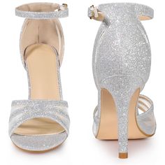 These stunning summer sandals are perfect for any occasion. The glittering fabric adds a touch of elegance, while the slim ankle strap and stiletto heel provide a flattering silhouette. The upper straps and mesh detailing give a luxurious feel to these sandals. The design features of these glitter women's heels include a strappy upper, mesh detailing, stiletto heel, and ankle strap. The vamp is made of glitter and mesh, while the outsole is made of rubber and the heel is made of ABS. The heel he Fitted High Heel Glitter Sandals, Glitter Fitted Sandals For Prom, Fitted Glitter Sandals For Prom, Fitted Open Toe Glitter Heels, Glitter Prom Sandals, Party Sandals With Glitter Accents And Open Toe, Open Toe Glitter Heels For Party Season, Glitter Fitted Open Toe Sandals, High Heel Sandals With Glitter Accents For Summer