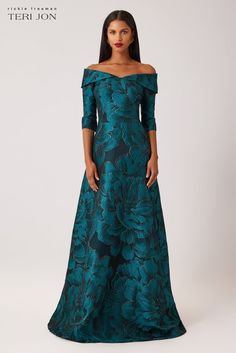 Embroidered Lace Illusion Gown With Elbow Sleeves – Terijon.com Fall Mother Of The Bride Dresses Classy, Long Teal Dress, Mother Of The Groom Dress, Proper Attire, Mother Of The Groom Dresses, Illusion Gown, Off Shoulder Evening Dress, Evening Gowns With Sleeves, 2025 Wedding