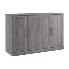 a gray cabinet with three doors and two drawers