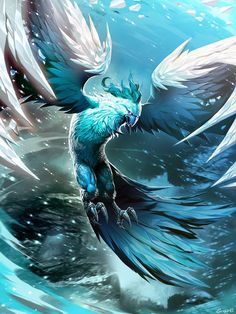 a blue bird with white wings flying over water