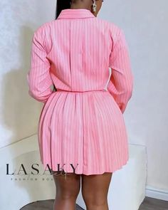 Lasaky - Refined and Elegant Striped Buttoned Pleated Shirt Dress Plunge Maxi Dress, Pleated Shirt Dress, Button Down Shirt Dress, Pleated Shirt, Chic Type, Striped Shirt Dress, Estilo Chic, Neck Bodycon Dress, Long Sleeve Print Dress