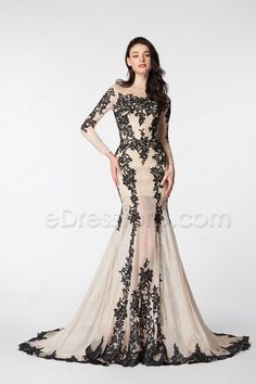 Lace Evening Dress With Illusion Neckline And Long Sleeves, Long Sleeve Gown With Illusion Neckline For Evening Dress, Long Sleeve Evening Dress With Sheer Bodice For Prom, Long Sleeve Lace Gown With Illusion Neckline, Black Long Sleeve Gown For Prom Season, Black Long Sleeve Gown For Prom, Prom Evening Dress With Illusion Neckline And Long Sleeves, Long Sleeve Evening Dress With Illusion Neckline For Prom, Sheer Long Sleeve Gown For Evening