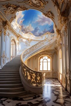 an ornate staircase in the middle of a room with a sky painted on the ceiling